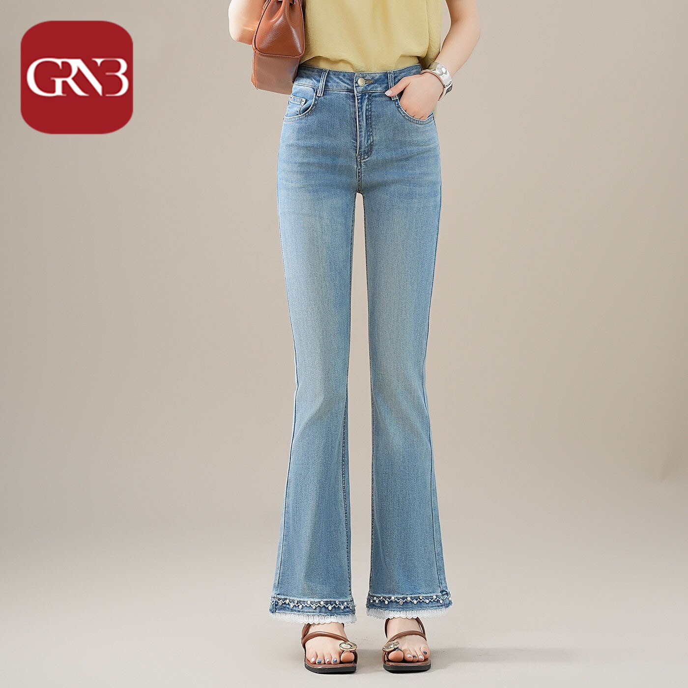 GRNB蕾丝拼接微喇裤子女夏2025新款高腰小个子九分显瘦喇叭牛仔裤