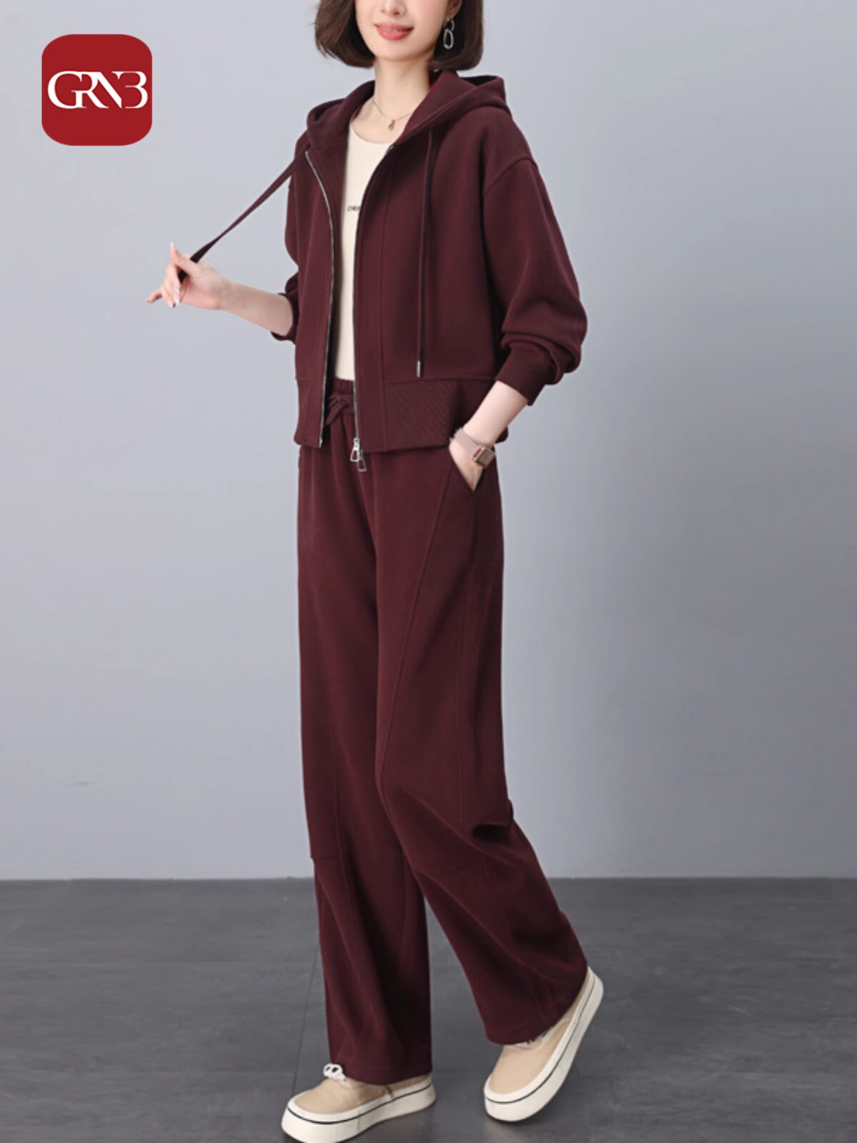 GRNB连帽开衫卫衣套装女春秋新款时尚休闲运动服中年小个子两件套