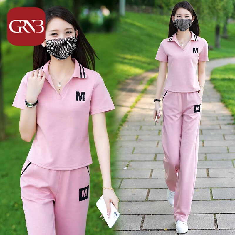 GRNB休闲洋气运动服套装女2026夏季新款时尚减龄短袖显瘦阔腿裤