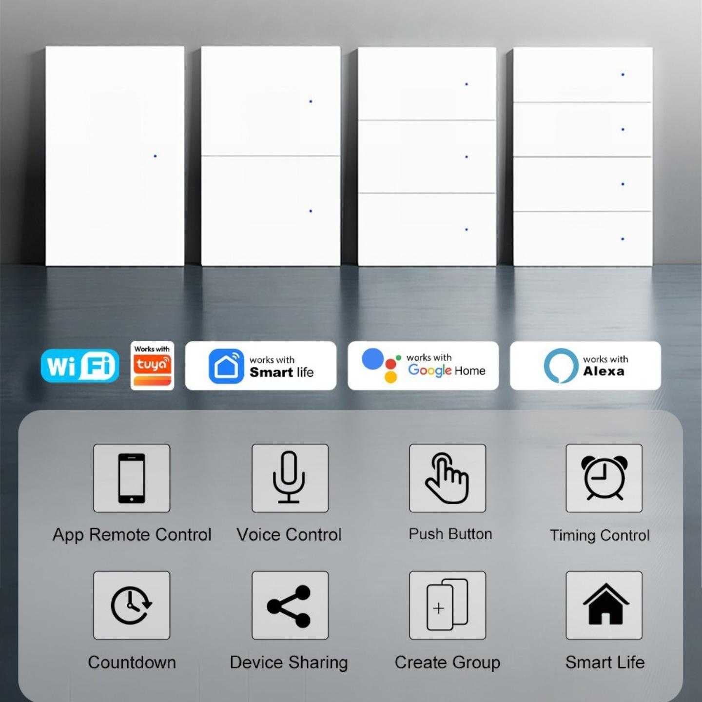 WiFi无边框美规按键智能开关1-4开零火涂鸦APP远程控制语音控制