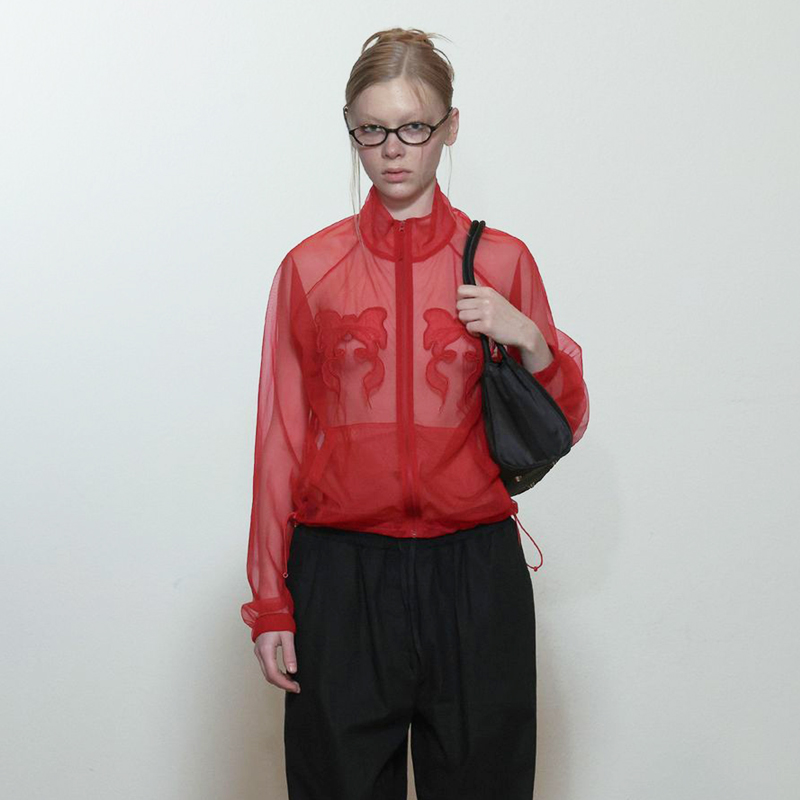 SCULPTOR双蝴蝶结刺绣高领网纱外套女士春夏轻薄微透纱衣