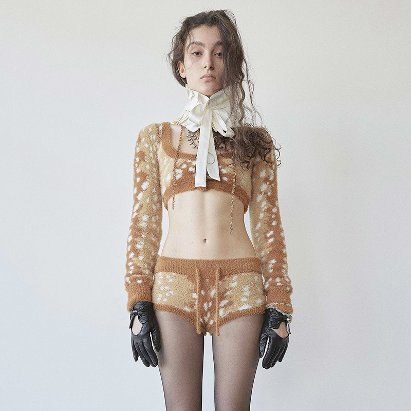 SCULPTOR红鼻子鲁道夫鹿纹印花超短针织衫上衣针织短裤圣诞套装女