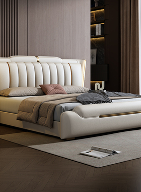 意式轻奢真皮床现代简约1.8米主卧室双人床高端大气软包储物婚床