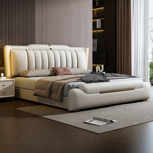 意式轻奢真皮床现代简约1.8米主卧室双人床高端大气软包储物婚床
