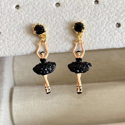 ln法国手绘珐琅设计迷你芭蕾舞经典黑色芭蕾舞带钻耳钉耳夹