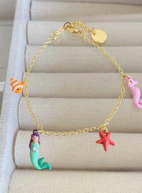 法国N2珐琅美人鱼系列 黄色蓝色小鱼海星 吊坠项链