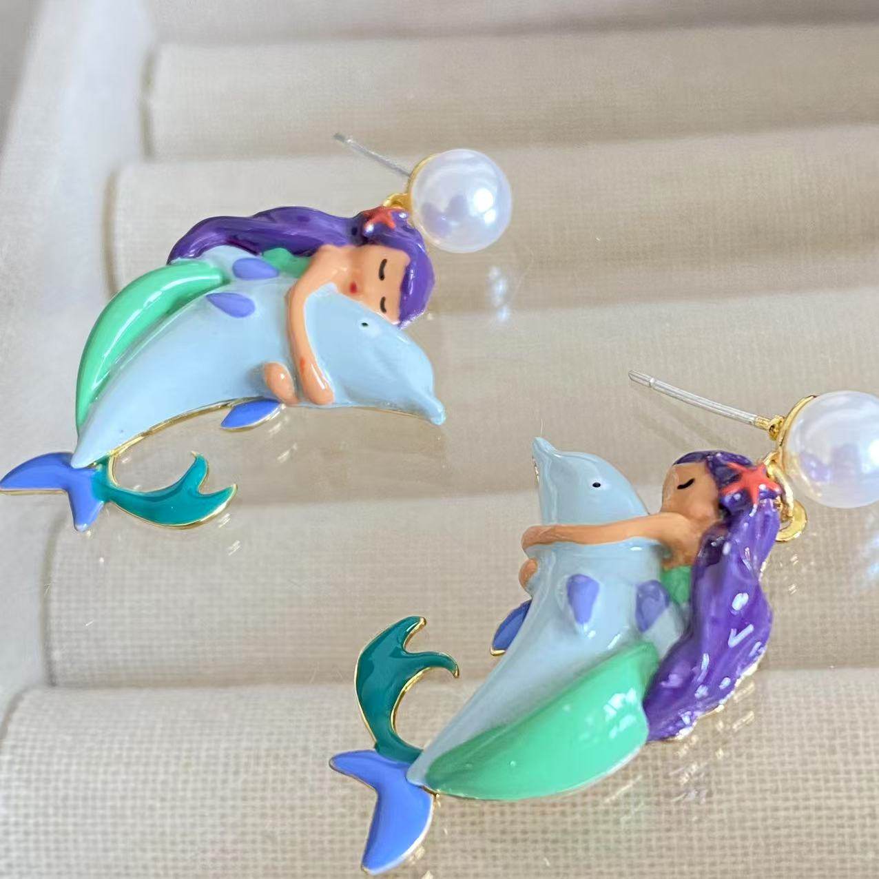 法国珐琅n2美人鱼抱海豚系列可爱耳钉项链,饰品/流行首饰/时尚饰品新,耳环,淘宝优惠券,粉丝福利购,淘宝优惠卷