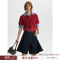 BAZAAR RED時(shí)尚復(fù)古簡(jiǎn)約拼接撞色休閑百搭學(xué)院針織假兩件polo衫