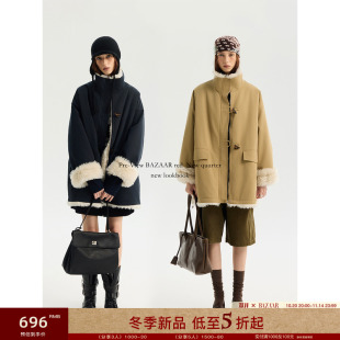 复古正反两穿皮毛一体牛角扣保暖派克服女 时尚 BAZAAR RED芭莎红