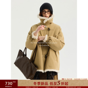 外套 巴恩风翻领牛角扣派克服女皮毛一体短款 BAZAAR RED芭莎红