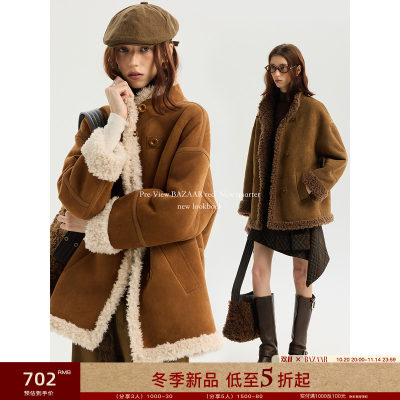 【皮毛一体】BAZAAR RED芭莎红时尚撞色羊羔毛麂皮绒短款冬季外套