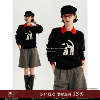 BAZAAR RED芭莎红美式简约宽松知识分子风可爱小狗圆领针织毛衣