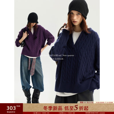 BAZAAR RED芭莎红设计感绞花V领翻领羊毛宽松休闲套头毛衣针织衫