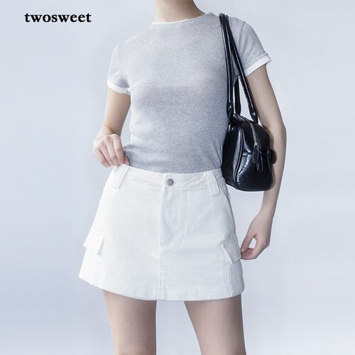 twosweet纯白色牛仔裙裤随心动/防走光夏季工装假两件A字半身短裙