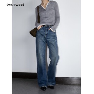 twosweet限量发售/奢pai同源洗水复古猫爪纹中高腰直筒牛仔裤女