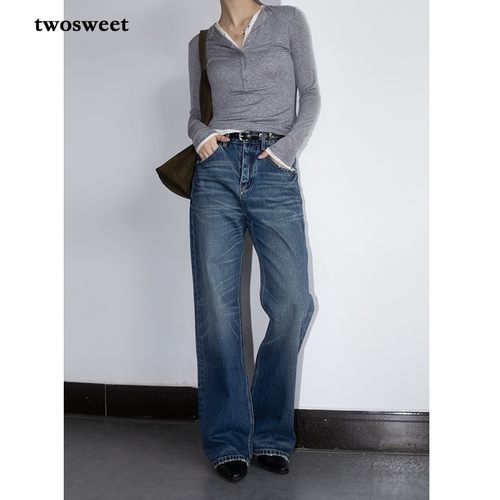twosweet限量发售/奢pai同源洗水复古猫爪纹中高腰直筒牛仔裤女
