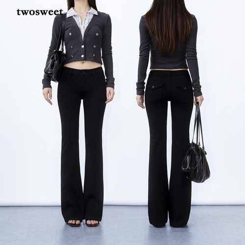 twosweet【蚀美腰臀比/黑色】显瘦提臀四面弹中低腰微喇叭牛仔裤