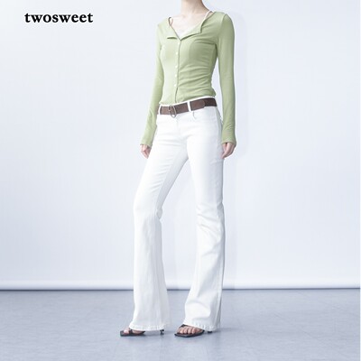 twosweet 美神降临 低腰白色喇叭牛仔裤千禧辣妹修身弹力微喇长裤