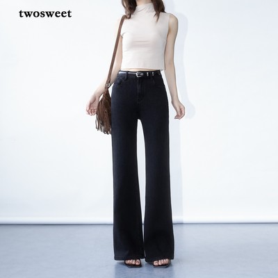 twosweet满芬裤型/黑灰 随身而动四面弹显瘦直筒微喇牛仔长裤女秋