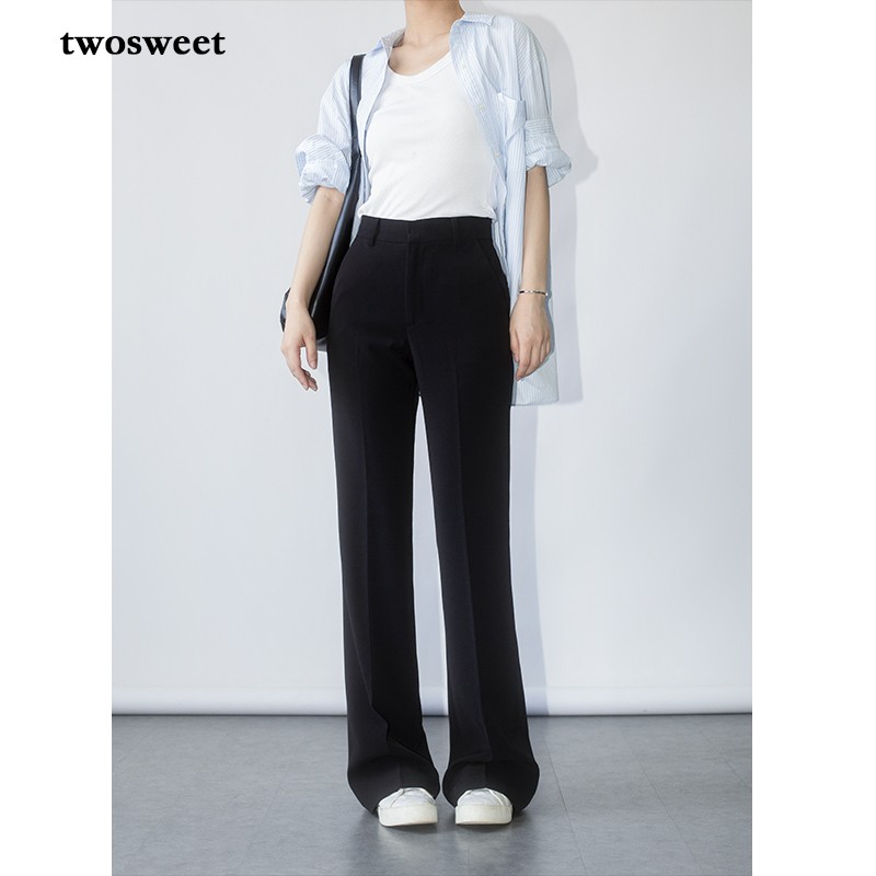 twosweet【神裤混纺醋酸版】实穿免烫黑色直筒微喇高腰休闲西裤女