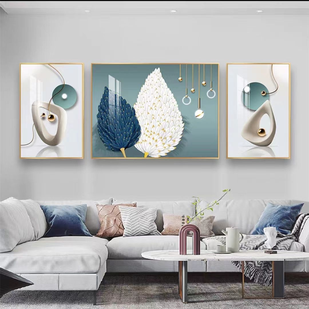 2023新款客厅装饰画挂画沙发背景画现代简约羽毛三联画抽象壁画