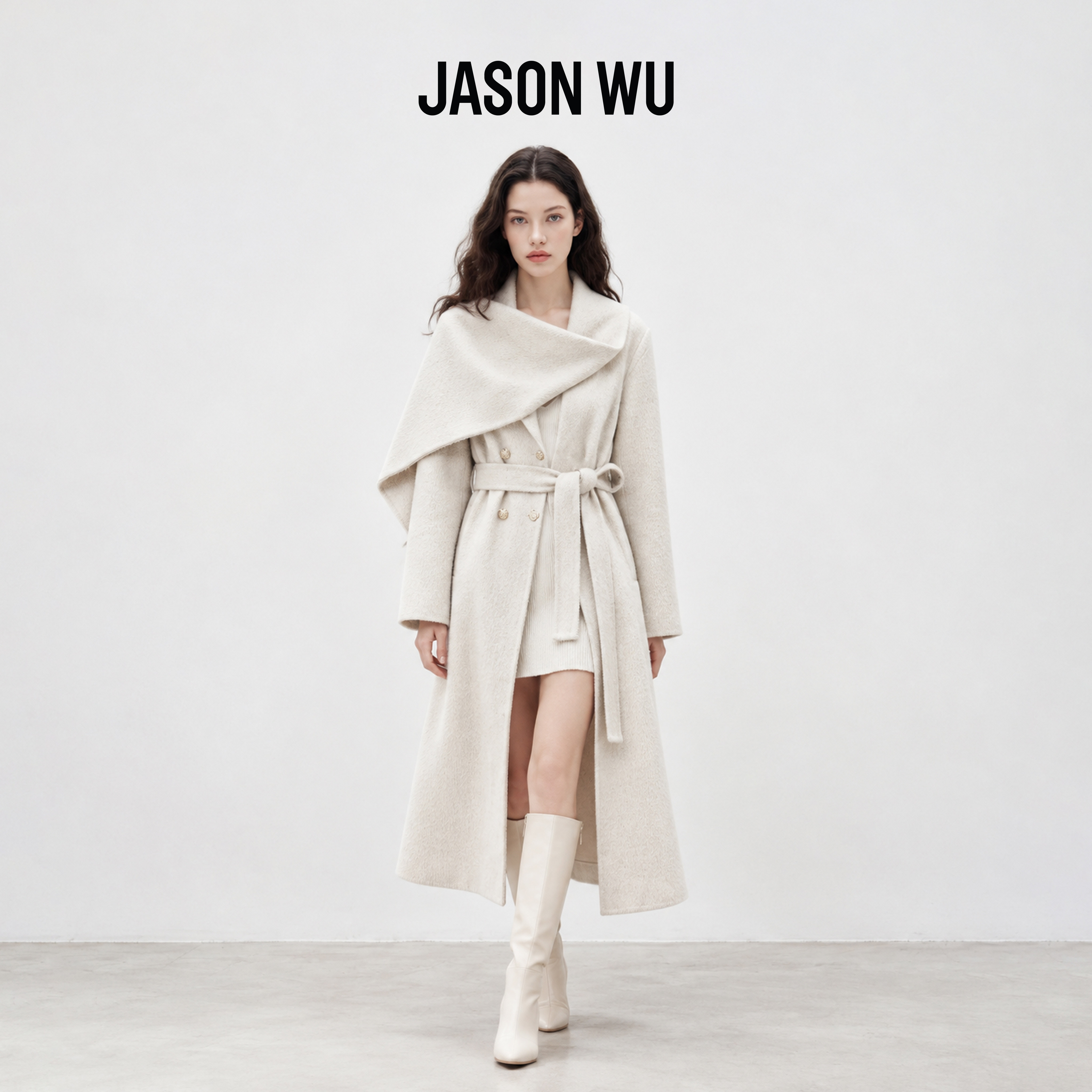 JASON WU-J系列披肩领双排扣收腰长款双面呢羊毛大衣毛呢外套秋冬