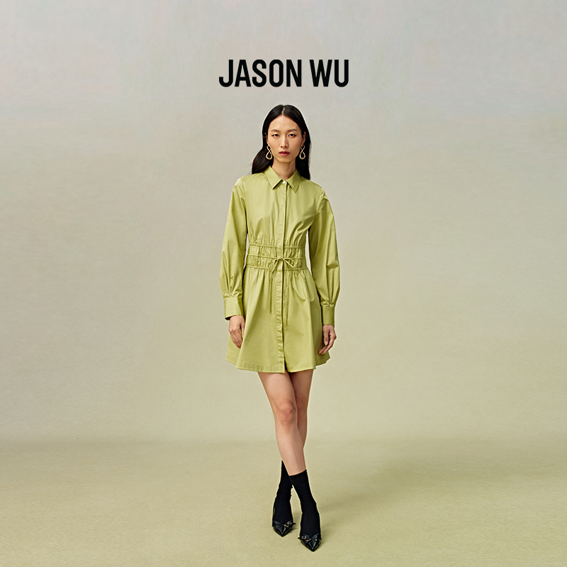 JASON WU 秋季新款压褶通勤休闲全棉衬衫式裙子长裙连衣裙