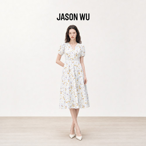 JASON WU-J系列法式V领系带收腰碎花连衣裙