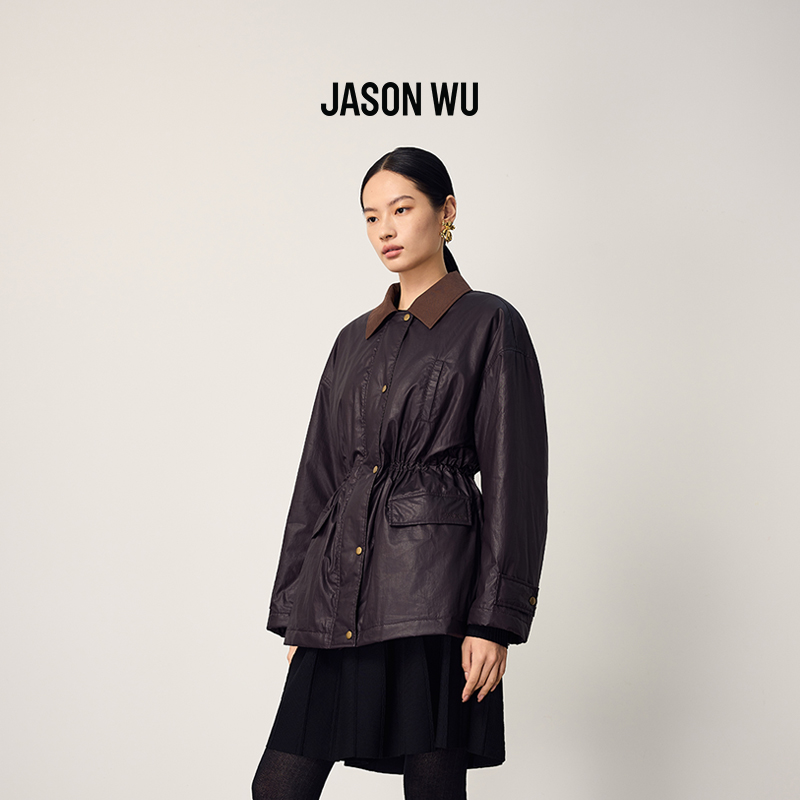 JASON WU2025秋冬新款时尚潮流通勤休闲宽松衬衫领拼色领棉服外套