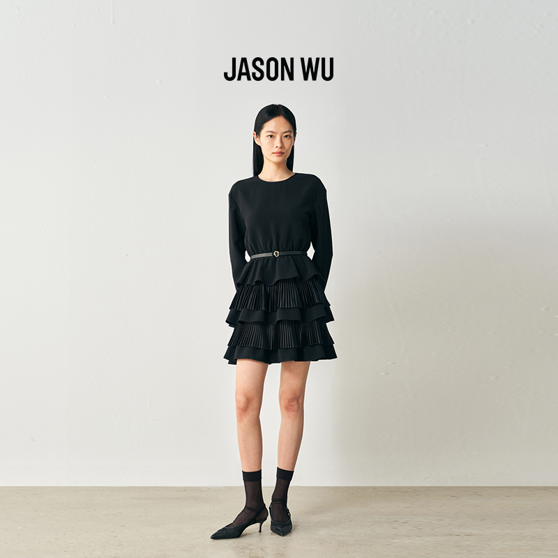 JASON WU2026年春季新款长袖蛋糕连衣裙女士收腰黑色圆领拉链裙子