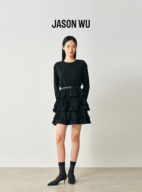 JASON WU2026年春季新款长袖蛋糕连衣裙女士收腰黑色圆领拉链裙子