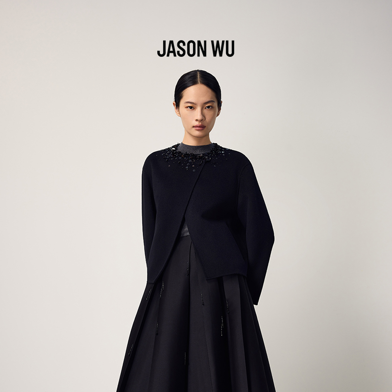 【绵羊毛】JASON WU2025秋冬新款设计感手工钉珠双面呢纯色短外套