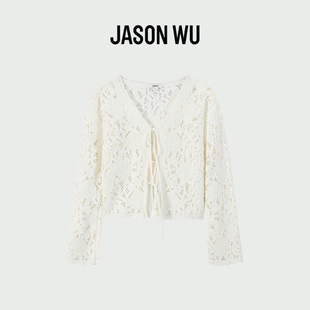 WU2026年夏季 门襟系带短款 新款 长袖 小外套 仿手钩针织开衫 JASON