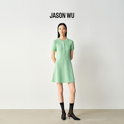 JASON WU 春季现款针织小香风连衣裙短袖气质百搭绿色收腰裙子