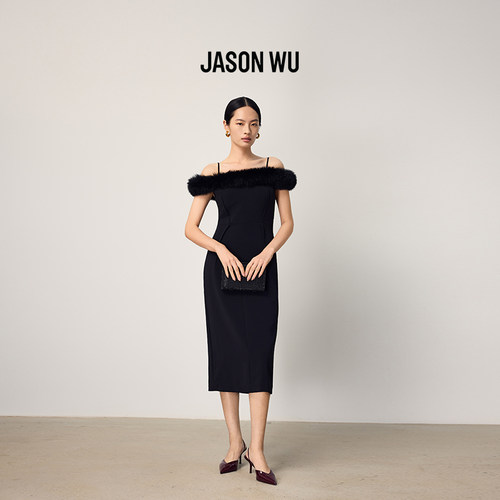 JASON WU商场同款领口拼接狐狸毛直筒连衣裙中长款收腰露肩裙子
