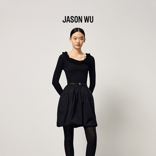 JASON WU新款简约气质盘花针梭织拼接花苞裙连衣裙裙子女