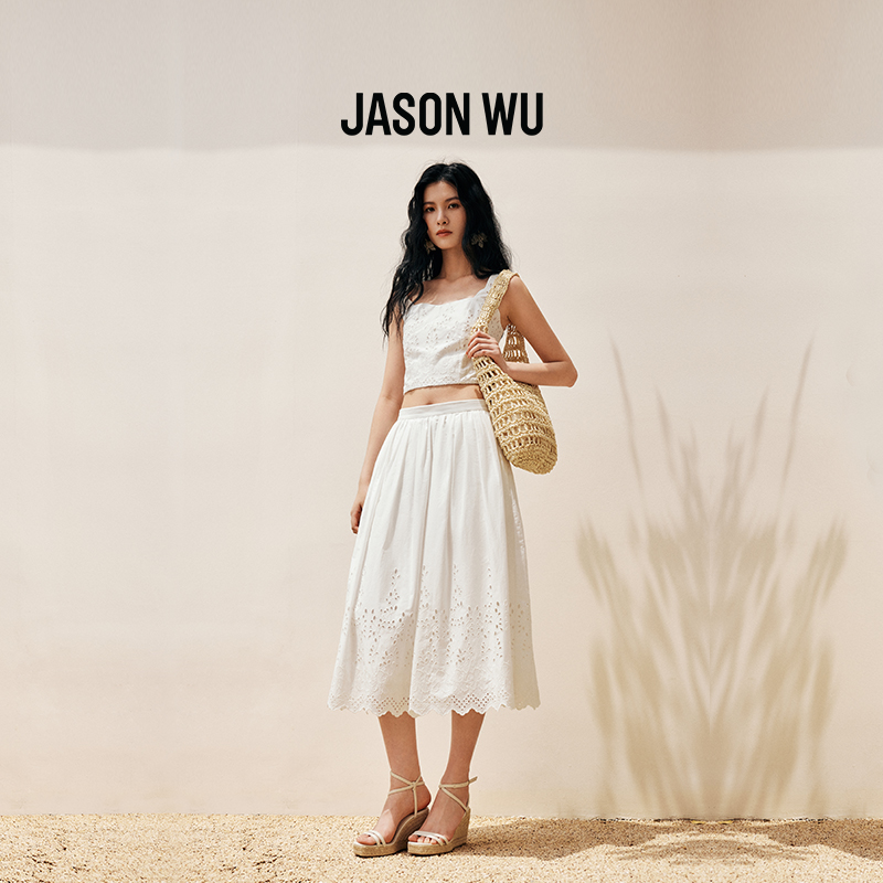 JASON WU25夏季新款白色棉质鸢尾花镂空刺绣半身裙马德拉大摆伞裙