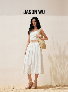 JASON WU 25新款白色棉质鸢尾花镂空刺绣半身裙马德拉大摆伞裙