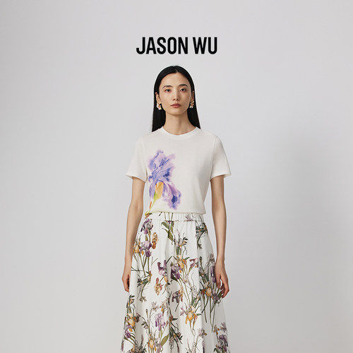 【莱赛尔】JASON WU新款新中式水墨鸢尾印花短袖上衣T恤女