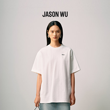 JASON WU秋冬新款通勤百搭宽松印花落肩袖T恤简约短袖圆领上衣女