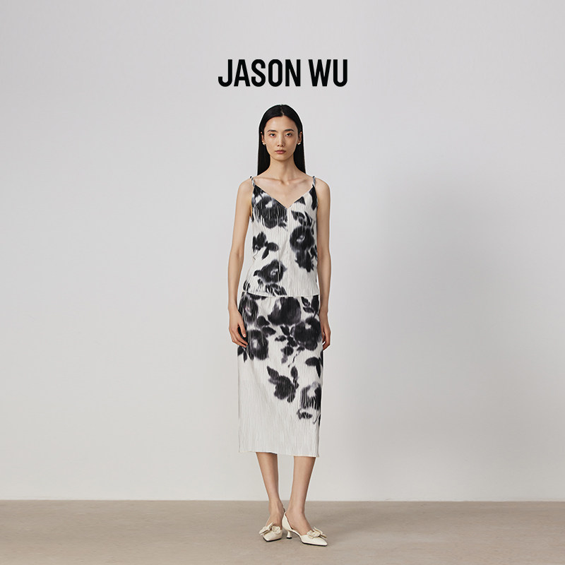 JASON WU 春夏新款优雅中式水墨玫瑰印花压褶后开叉半身裙长裙
