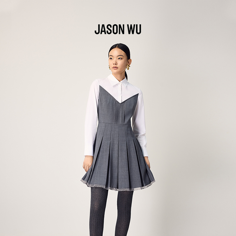 【绵羊毛】JASON WU2025秋冬新款设计感时尚假两件衬衫百褶连衣裙