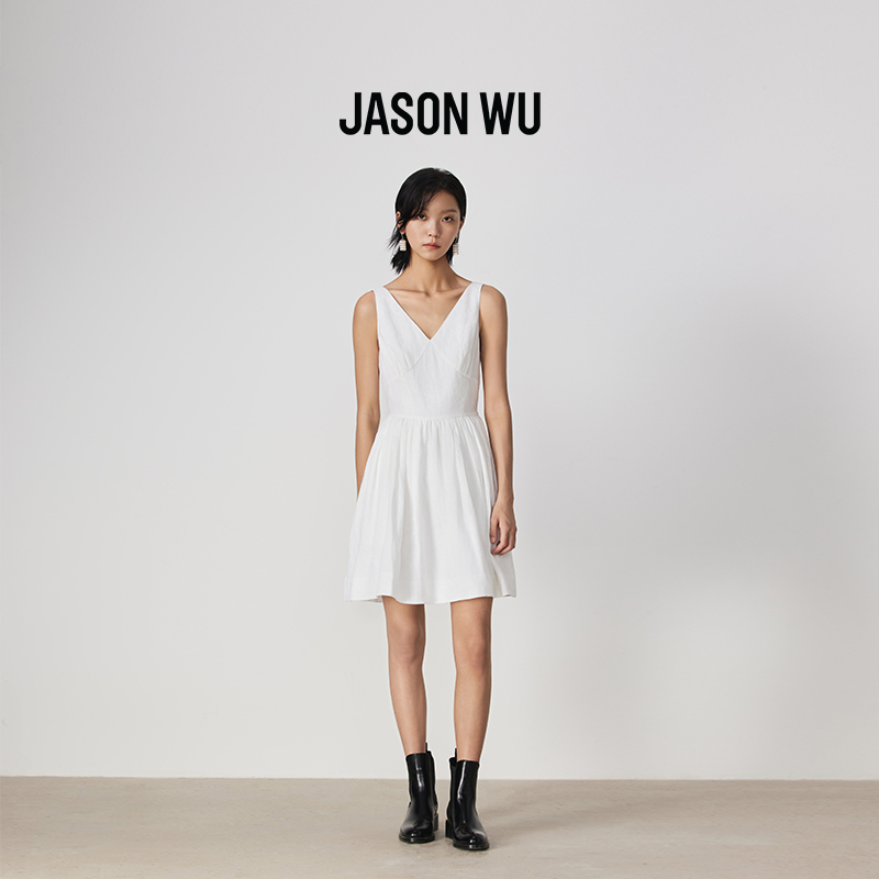 【亚麻】JASON WU25夏季新款V领白色度假背心连衣裙优雅轻礼服裙