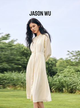 【桑蚕丝】JASON WU新品中袖抽褶系带收腰肌理感衬衫连衣裙长