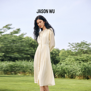 桑蚕丝 抽褶系带收腰肌理感衬衫 JASON 中袖 连衣裙长 WU新品