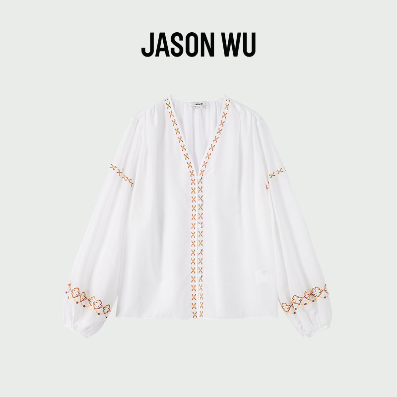 JASON WU 2026年夏季新款V领轻薄衬衫女士长袖刺绣含桑蚕丝女装
