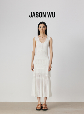 JASON WU25新款仿蕾丝镂空简约针织连衣裙白色度假背心长裙