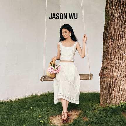 【小白裙】JASON WU25秋季新款蕾丝拼接伞裙打褶镂空白色半身裙长