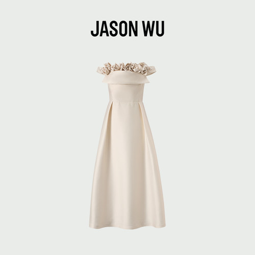 JASON WU商场同款立体花一字肩礼服裙优雅简约法式浪漫无袖连衣裙