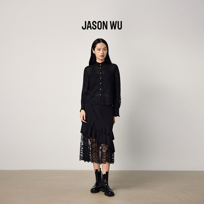 JASON WU新款蕾丝拼接半身裙女士黑色桑蚕丝中长款设计感鱼尾裙